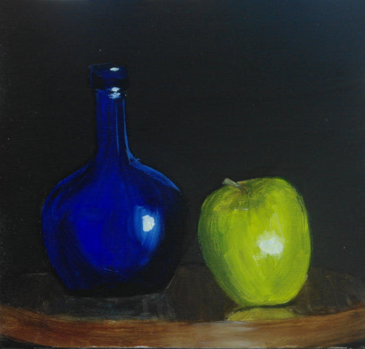 Blue Bottle and Green Apple Oil Painting